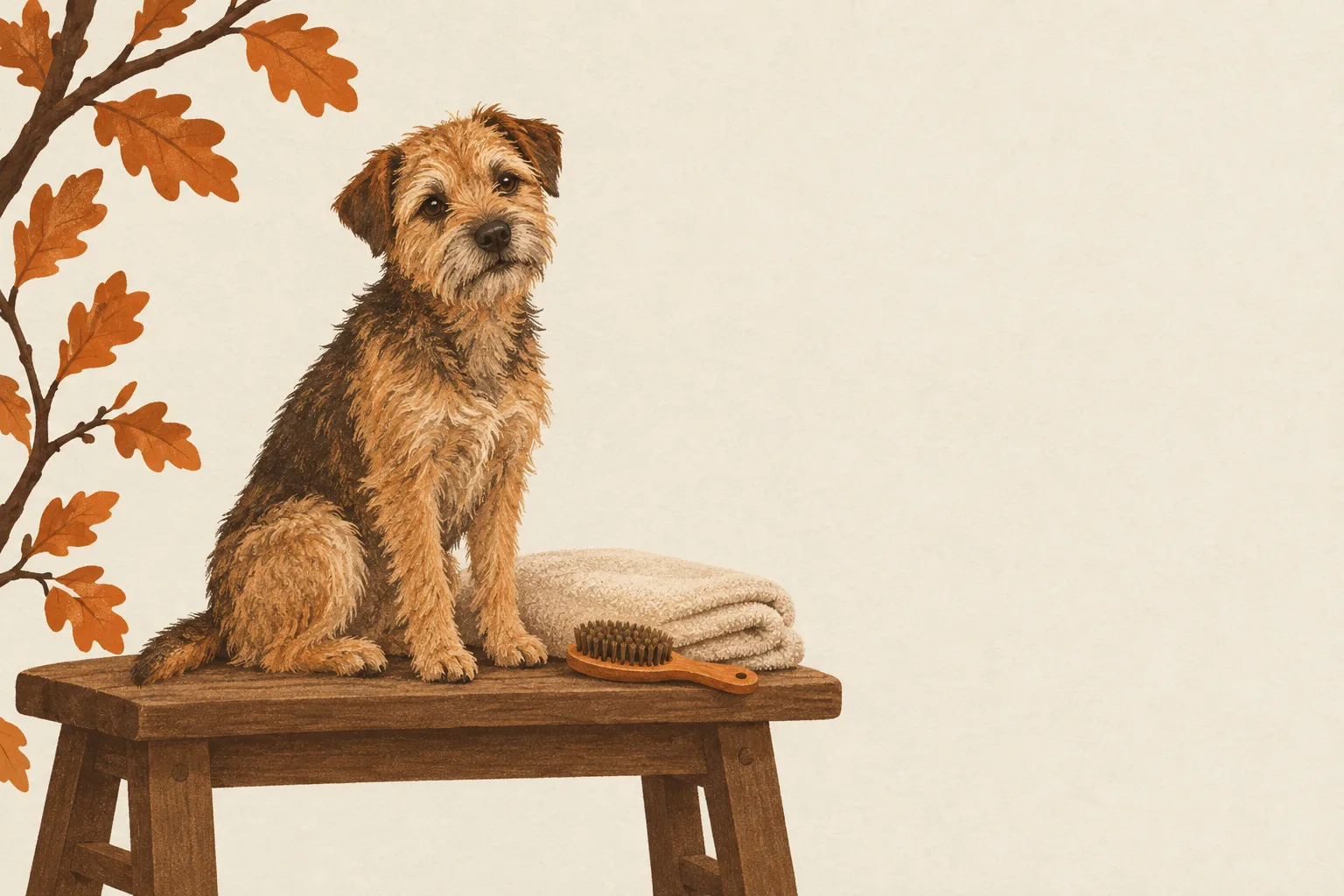 Illustration of a scruffy terrier sitting calmly on a wooden grooming bench beside a folded towel and a brush, under an oak branch