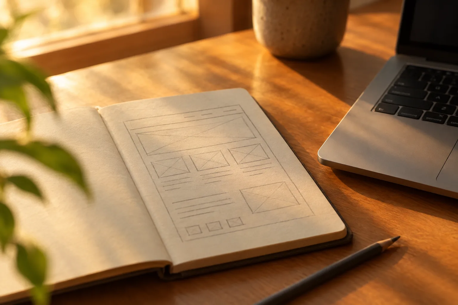 A pencil sketch of a web page layout in an open notebook, in afternoon window light.