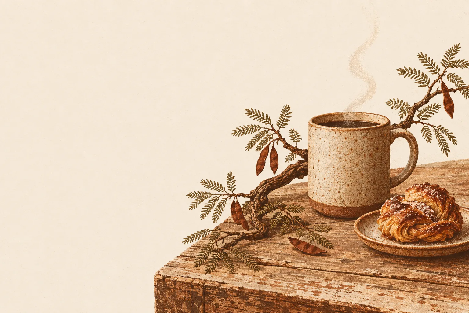 Illustration of a speckled stoneware mug of coffee on a weathered wooden counter, beside a mesquite branch with seed pods and a pastry on a small plate