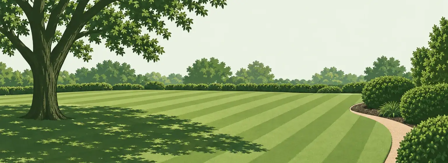 Illustration of a freshly mown lawn with neat diagonal stripes, a large pecan tree casting shade, and an edged path past trimmed shrubs
